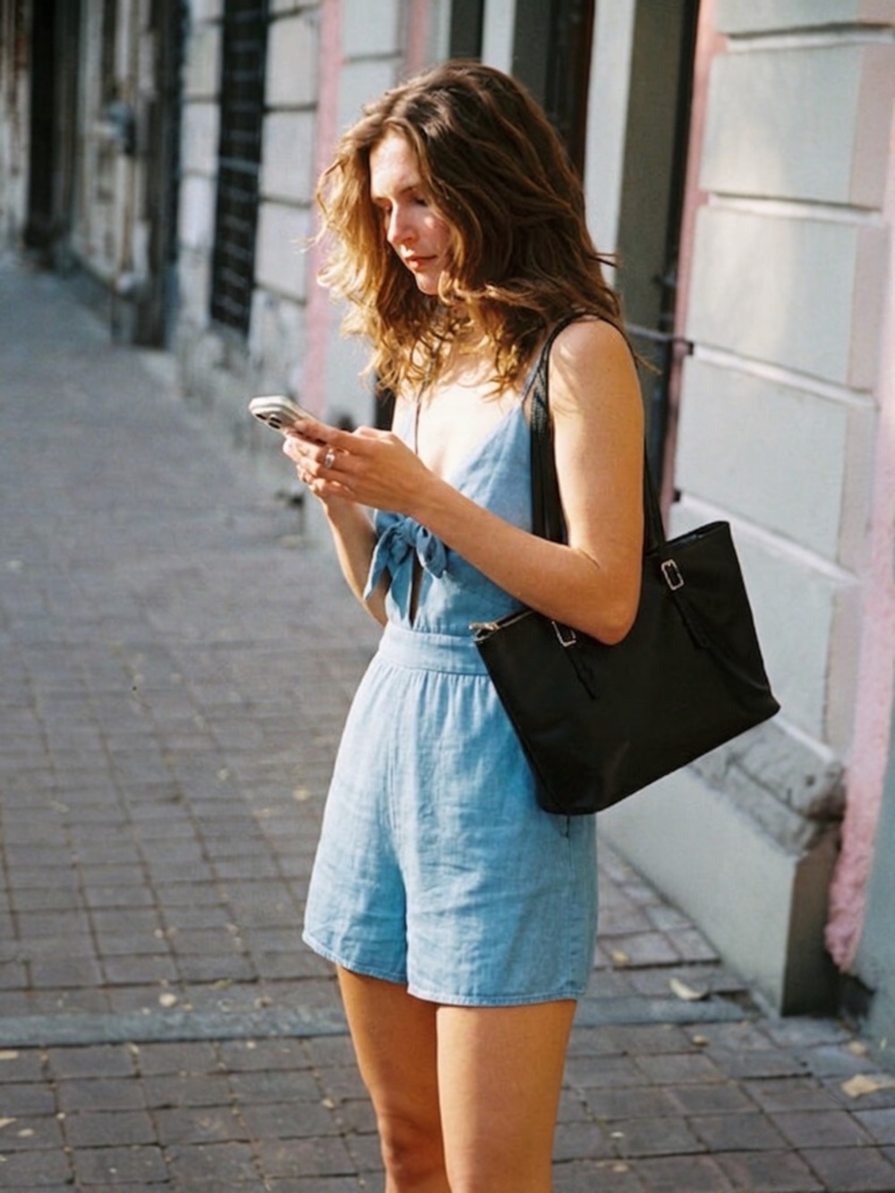 SHEIN Light Blue Sleeveless Romper with Front Tie Summer Vacation Retro